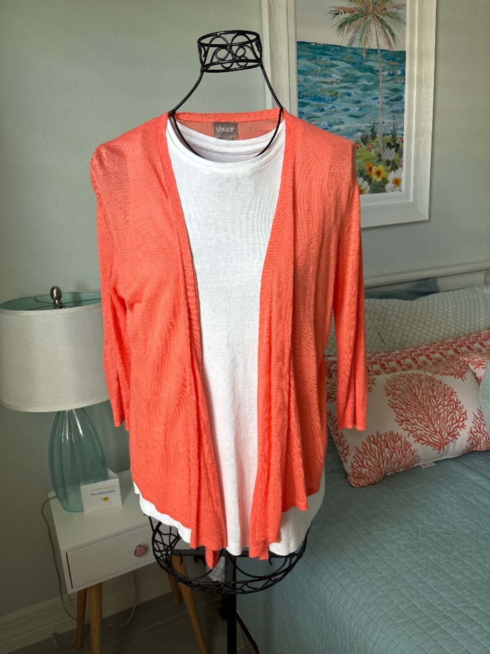 Chico’s Lightweight Orange Open Front Cardigan Sz M